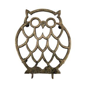 Vintage Brass Owl Trivet Footed Heat Resistant MCM Kitchen Decor Metal Art
